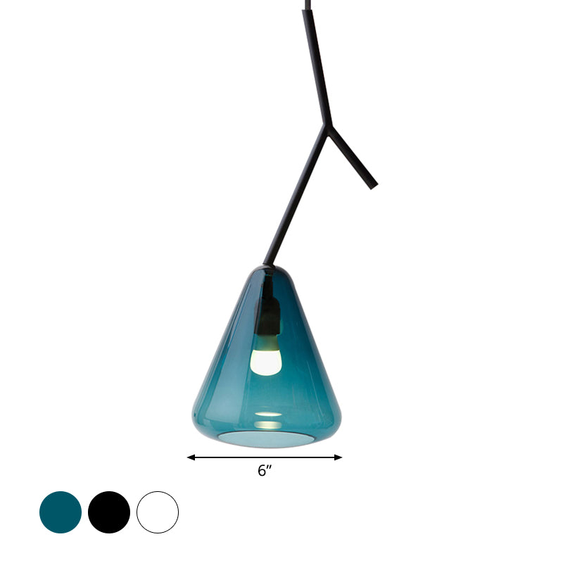 Black Branchlet Down Lighting Pendant Nordic 1 Bulb Metal Suspended Lighting Fixture with Conical Blue/Black/White Glass Shade Clearhalo 'Ceiling Lights' 'Glass shade' 'Glass' 'Modern Pendants' 'Modern' 'Pendant Lights' 'Pendants' Lighting' 1937111