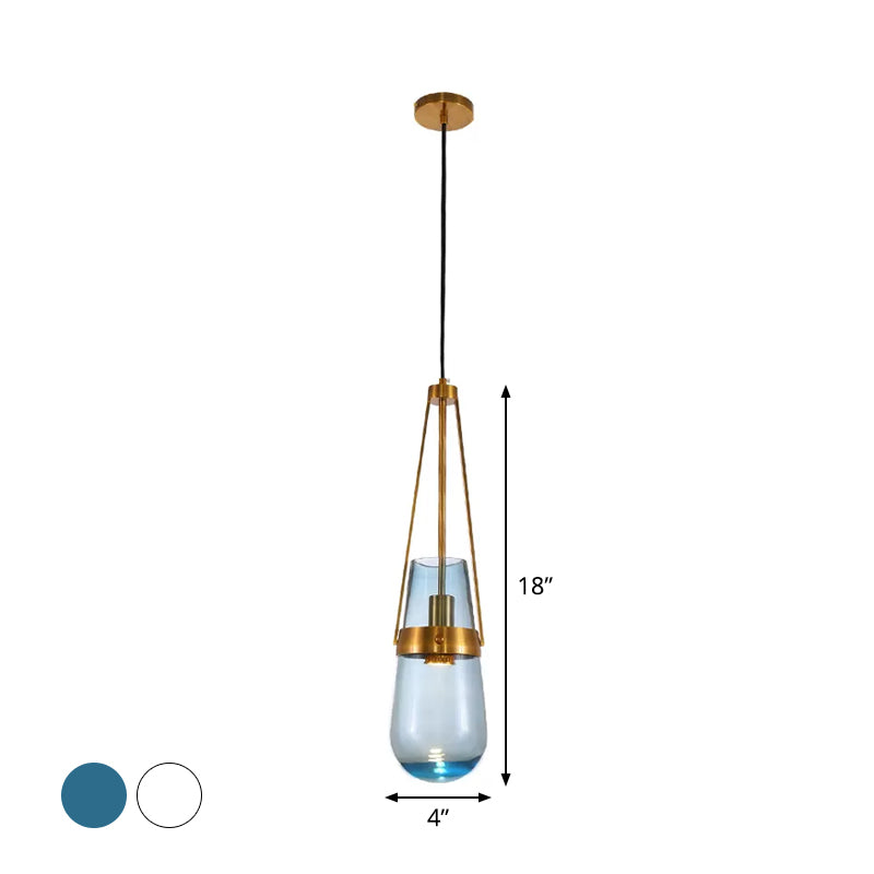 Drop Shaped Dining Room Hanging Lamp Clear/Blue Glass 1 Light Postmodern Pendulum Light with Gripper in Brass Clearhalo 'Ceiling Lights' 'Modern Pendants' 'Modern' 'Pendant Lights' 'Pendants' Lighting' 1937118