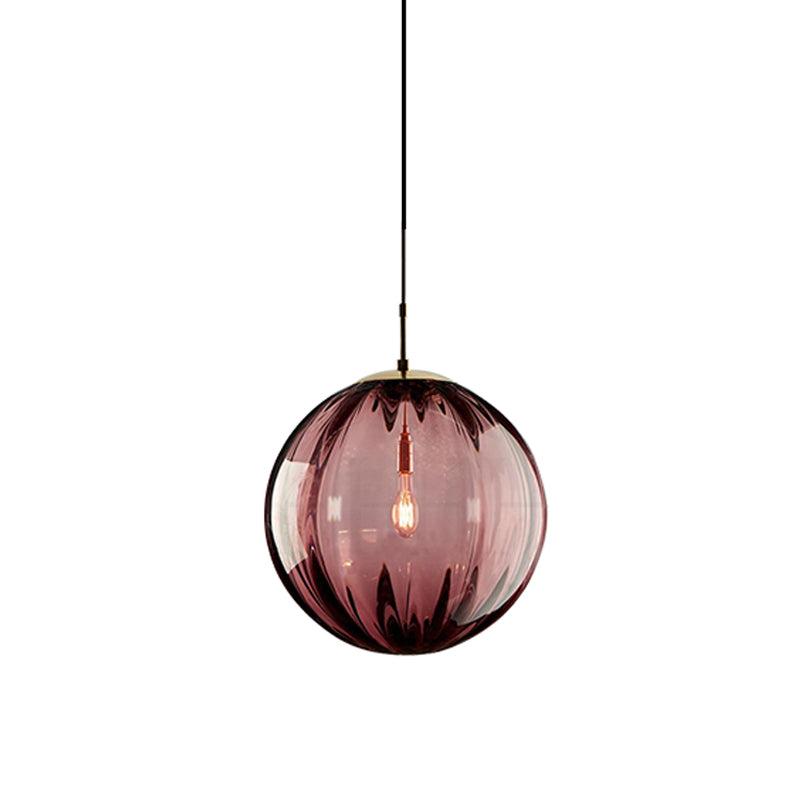 Globe Bedside Pendulum Light Blue/Smoke Grey/Purple Glass 1 Bulb Postmodern Ceiling Pendant Lamp in Black Clearhalo 'Ceiling Lights' 'Glass shade' 'Glass' 'Modern Pendants' 'Modern' 'Pendant Lights' 'Pendants' Lighting' 1937125