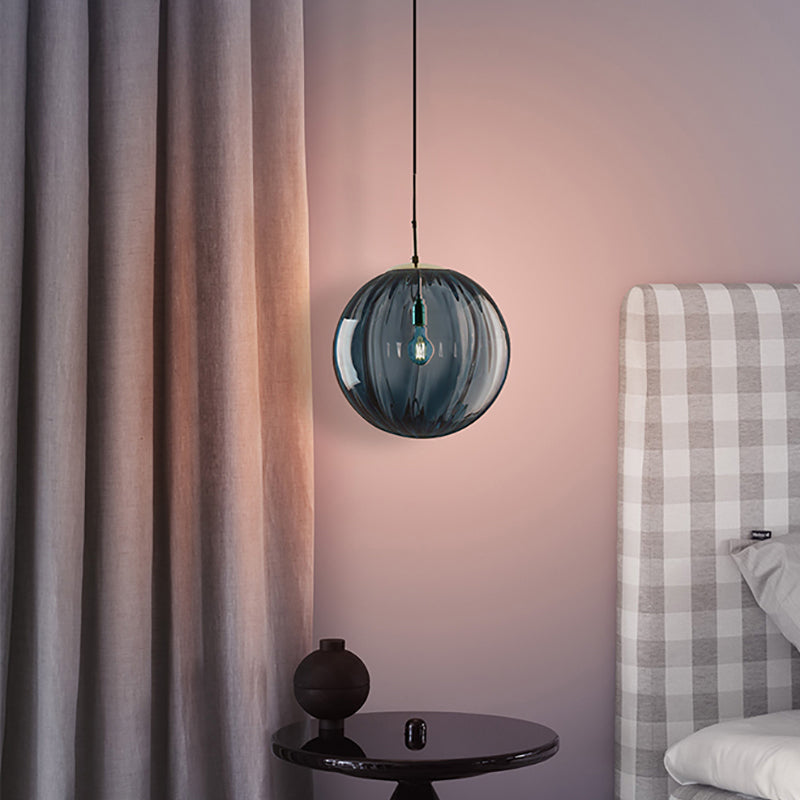 Globe Bedside Pendulum Light Blue/Smoke Grey/Purple Glass 1 Bulb Postmodern Ceiling Pendant Lamp in Black Blue Clearhalo 'Ceiling Lights' 'Glass shade' 'Glass' 'Modern Pendants' 'Modern' 'Pendant Lights' 'Pendants' Lighting' 1937129