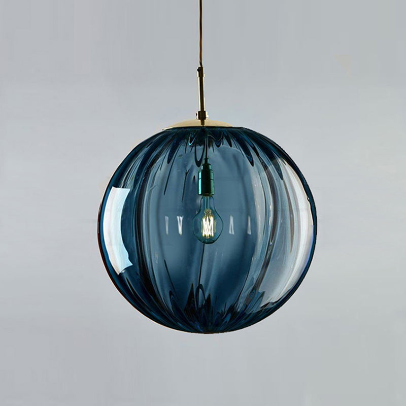 Globe Bedside Pendulum Light Blue/Smoke Grey/Purple Glass 1 Bulb Postmodern Ceiling Pendant Lamp in Black Clearhalo 'Ceiling Lights' 'Glass shade' 'Glass' 'Modern Pendants' 'Modern' 'Pendant Lights' 'Pendants' Lighting' 1937131