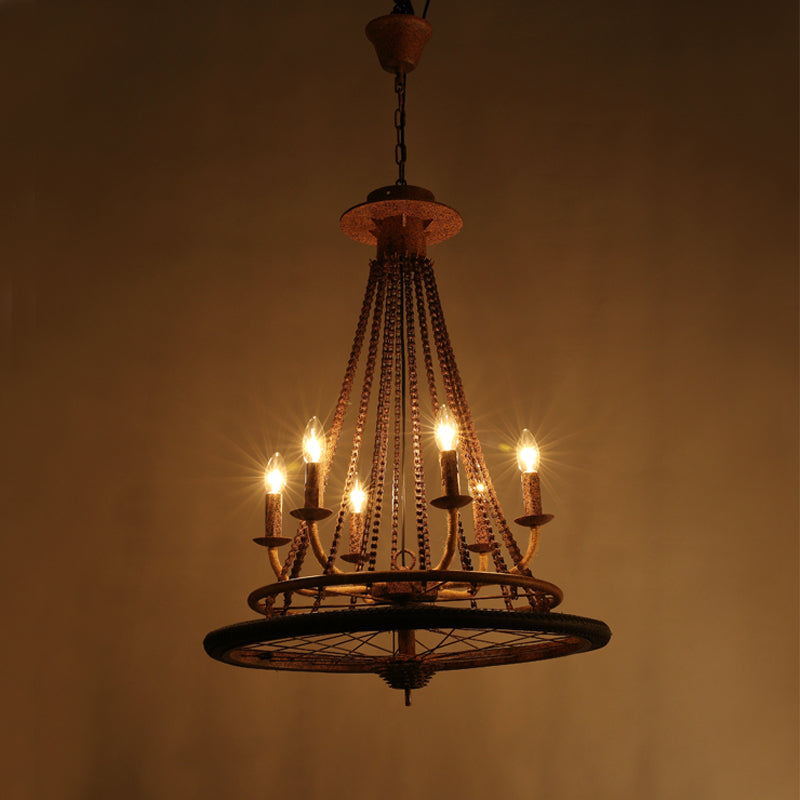 Rust Finish Wheel Chandelier Light Farmhouse Style Wrought Iron 6 Lights Indoor Ceiling Lamp with Candle and Chain Clearhalo 'Cast Iron' 'Ceiling Lights' 'Chandeliers' 'Industrial Chandeliers' 'Industrial' 'Metal' 'Middle Century Chandeliers' 'Rustic Chandeliers' 'Tiffany' Lighting' 193723