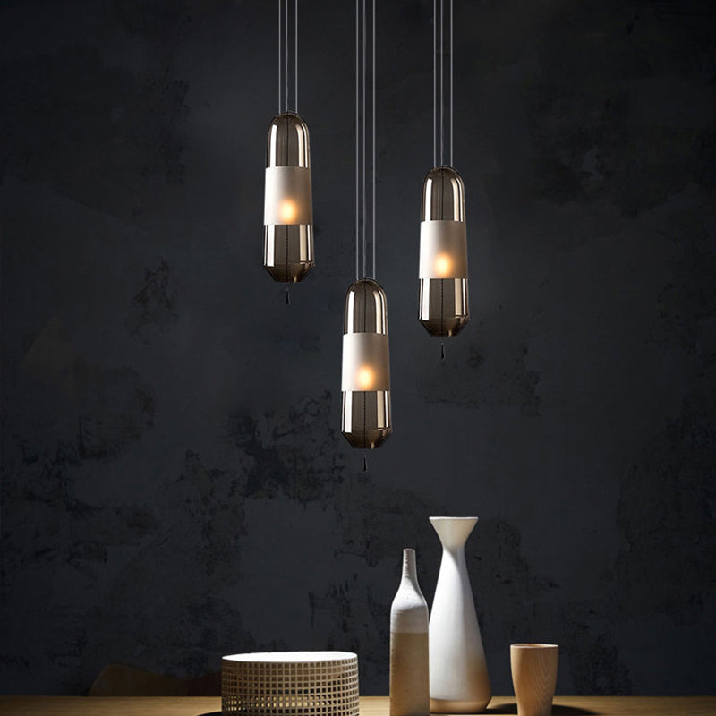 1 Bulb Bedroom Down Lighting Postmodern Black Hanging Pendant with Capsule Clear/Smoke/Amber Glass Shade Smoke Gray Clearhalo 'Ceiling Lights' 'Glass shade' 'Glass' 'Modern Pendants' 'Modern' 'Pendant Lights' 'Pendants' Lighting' 1937231