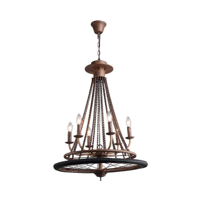 Rust Finish Wheel Chandelier Light Farmhouse Style Wrought Iron 6 Lights Indoor Ceiling Lamp with Candle and Chain Clearhalo 'Cast Iron' 'Ceiling Lights' 'Chandeliers' 'Industrial Chandeliers' 'Industrial' 'Metal' 'Middle Century Chandeliers' 'Rustic Chandeliers' 'Tiffany' Lighting' 193724