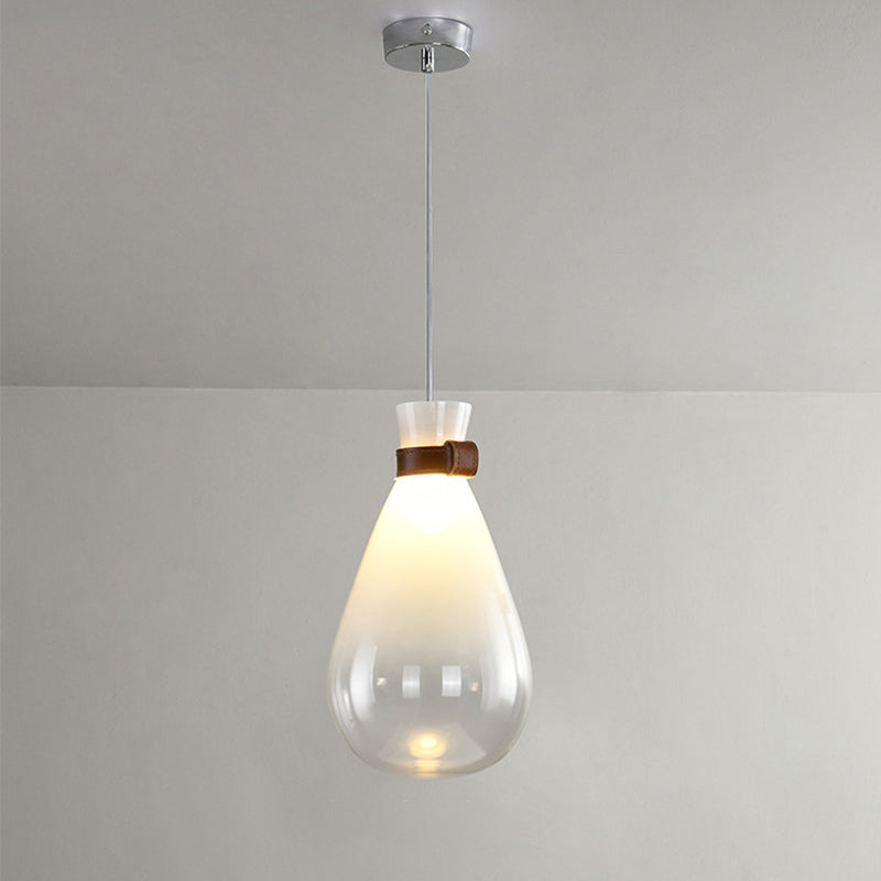 Droplet Kitchen Bar Drop Pendant Smoke Grey/White Ombre Glass 1 Head Modern Hanging Lamp with Leather Neck Strap, 7"/8.5" W Clearhalo 'Ceiling Lights' 'Glass shade' 'Glass' 'Modern Pendants' 'Modern' 'Pendant Lights' 'Pendants' Lighting' 1937245