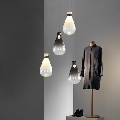 Droplet Kitchen Bar Drop Pendant Smoke Grey/White Ombre Glass 1 Head Modern Hanging Lamp with Leather Neck Strap, 7"/8.5" W Smoke Gray Clearhalo 'Ceiling Lights' 'Glass shade' 'Glass' 'Modern Pendants' 'Modern' 'Pendant Lights' 'Pendants' Lighting' 1937249