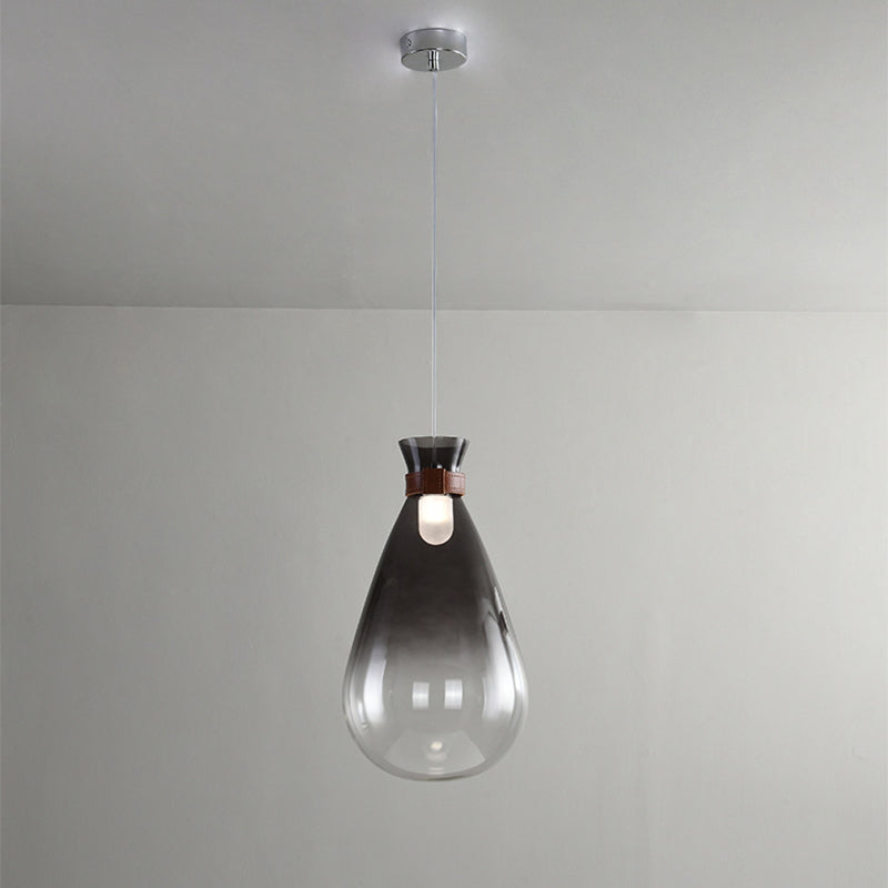 Droplet Kitchen Bar Drop Pendant Smoke Grey/White Ombre Glass 1 Head Modern Hanging Lamp with Leather Neck Strap, 7"/8.5" W Clearhalo 'Ceiling Lights' 'Glass shade' 'Glass' 'Modern Pendants' 'Modern' 'Pendant Lights' 'Pendants' Lighting' 1937251