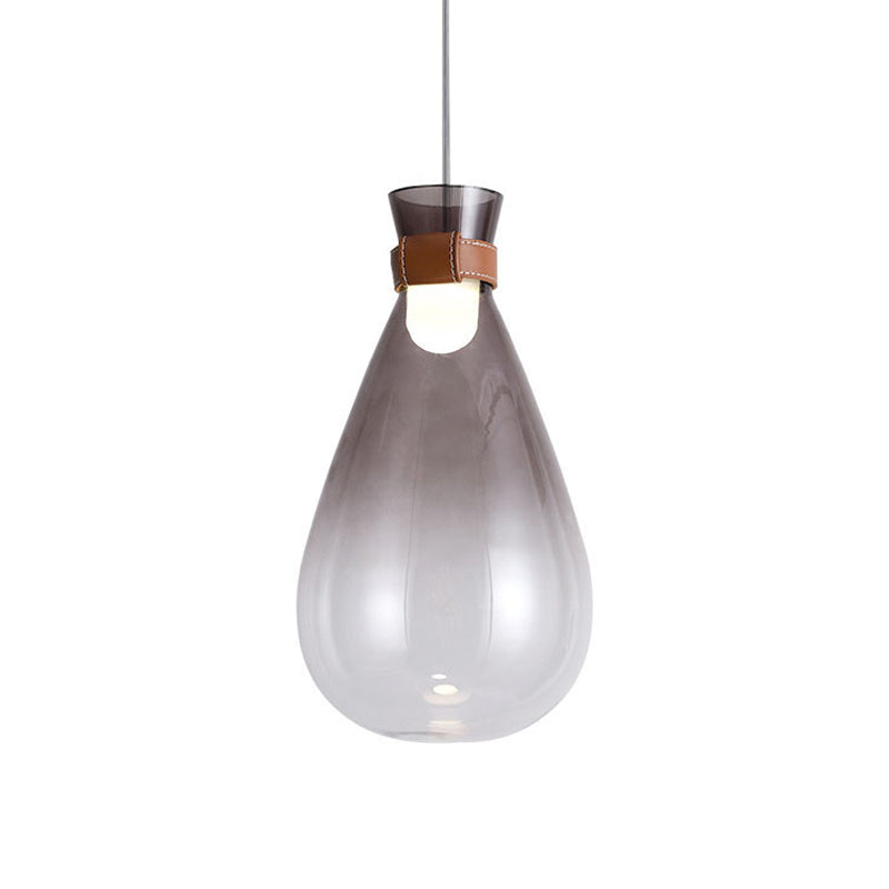 Droplet Kitchen Bar Drop Pendant Smoke Grey/White Ombre Glass 1 Head Modern Hanging Lamp with Leather Neck Strap, 7"/8.5" W Clearhalo 'Ceiling Lights' 'Glass shade' 'Glass' 'Modern Pendants' 'Modern' 'Pendant Lights' 'Pendants' Lighting' 1937252