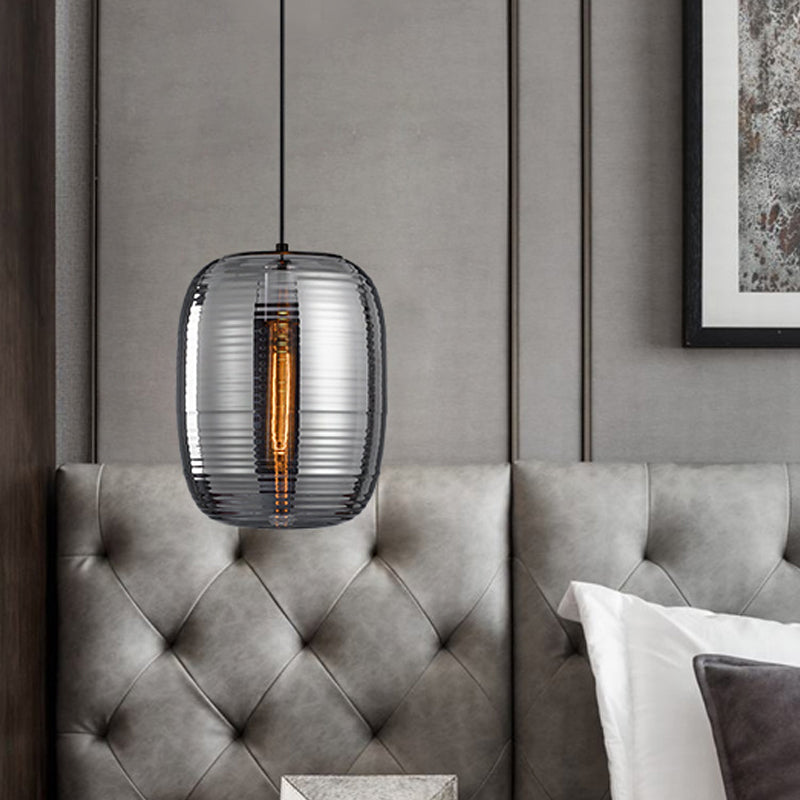 Oval Ceiling Hanging Lantern Modern Amber/Smoke Grey Ribbed Glass 1-Light Dining Room Pendant Light Fixture Clearhalo 'Ceiling Lights' 'Glass shade' 'Glass' 'Modern Pendants' 'Modern' 'Pendant Lights' 'Pendants' Lighting' 1937254