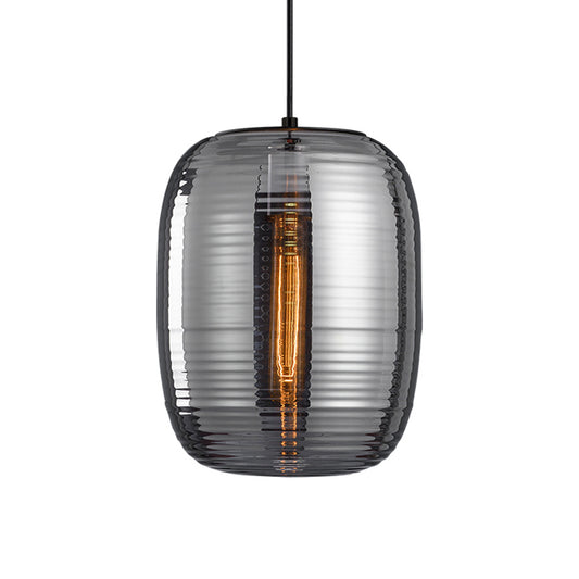 Oval Ceiling Hanging Lantern Modern Amber/Smoke Grey Ribbed Glass 1-Light Dining Room Pendant Light Fixture Clearhalo 'Ceiling Lights' 'Glass shade' 'Glass' 'Modern Pendants' 'Modern' 'Pendant Lights' 'Pendants' Lighting' 1937255