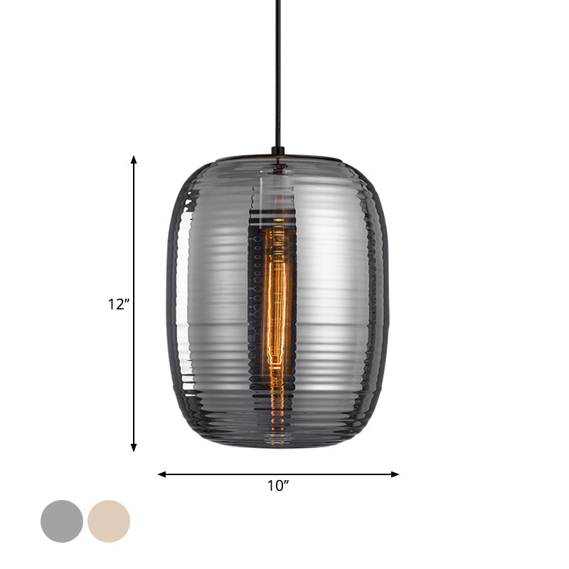 Oval Ceiling Hanging Lantern Modern Amber/Smoke Grey Ribbed Glass 1-Light Dining Room Pendant Light Fixture Clearhalo 'Ceiling Lights' 'Glass shade' 'Glass' 'Modern Pendants' 'Modern' 'Pendant Lights' 'Pendants' Lighting' 1937256