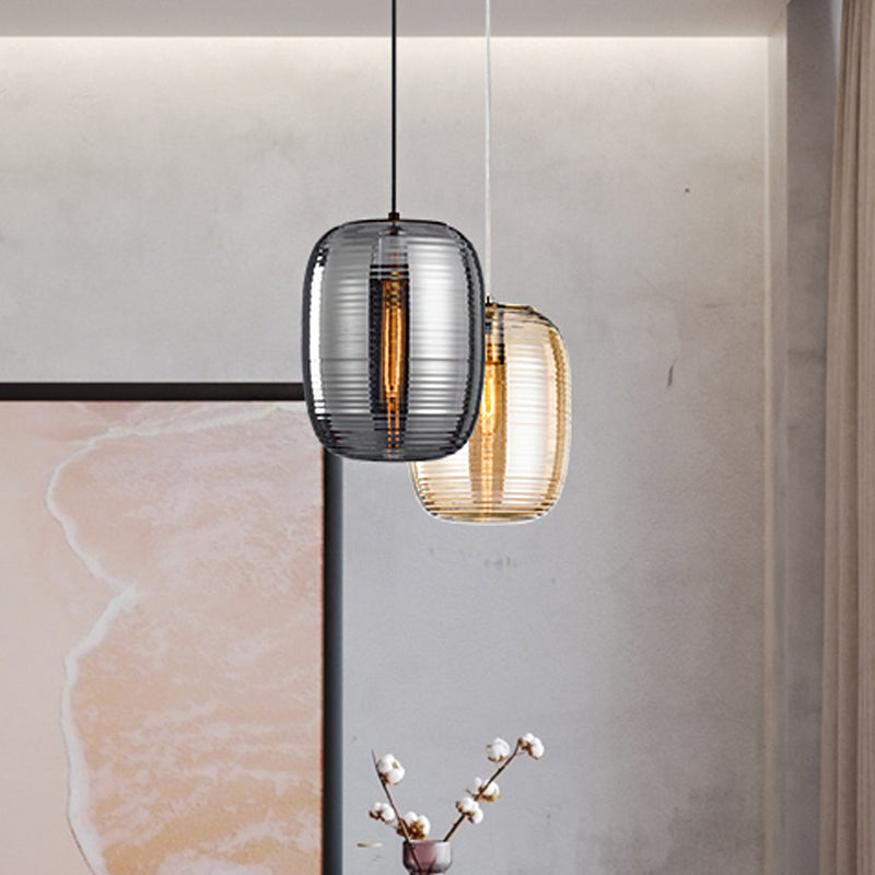 Oval Ceiling Hanging Lantern Modern Amber/Smoke Grey Ribbed Glass 1-Light Dining Room Pendant Light Fixture Clearhalo 'Ceiling Lights' 'Glass shade' 'Glass' 'Modern Pendants' 'Modern' 'Pendant Lights' 'Pendants' Lighting' 1937258