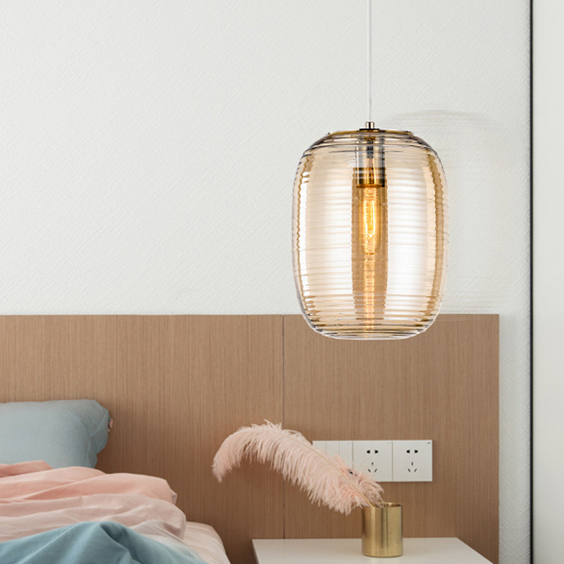 Oval Ceiling Hanging Lantern Modern Amber/Smoke Grey Ribbed Glass 1-Light Dining Room Pendant Light Fixture Clearhalo 'Ceiling Lights' 'Glass shade' 'Glass' 'Modern Pendants' 'Modern' 'Pendant Lights' 'Pendants' Lighting' 1937259