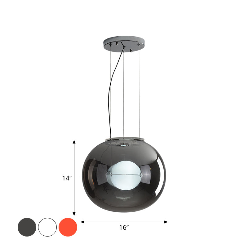 Postmodern Double Globe Hanging Light White/Red/Smoke Grey Glass 1 Bulb Kitchen Pendant Lamp with Exterior Acrylic Shade, 12"/16" W Clearhalo 'Ceiling Lights' 'Glass shade' 'Glass' 'Modern Pendants' 'Modern' 'Pendant Lights' 'Pendants' Lighting' 1937266