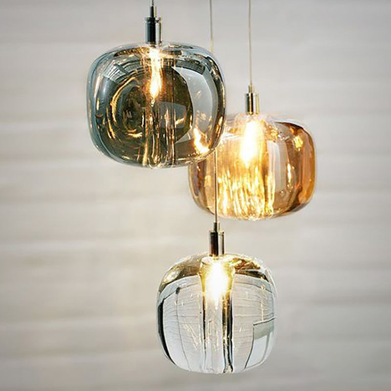 Pumpkin Shaped Hanging Light Kit Modern Clear/Amber/Smoke Grey Glass 1 Head Bedside Ceiling Suspension Lamp in Brass Smoke Gray Clearhalo 'Ceiling Lights' 'Glass shade' 'Glass' 'Modern Pendants' 'Modern' 'Pendant Lights' 'Pendants' Lighting' 1937275
