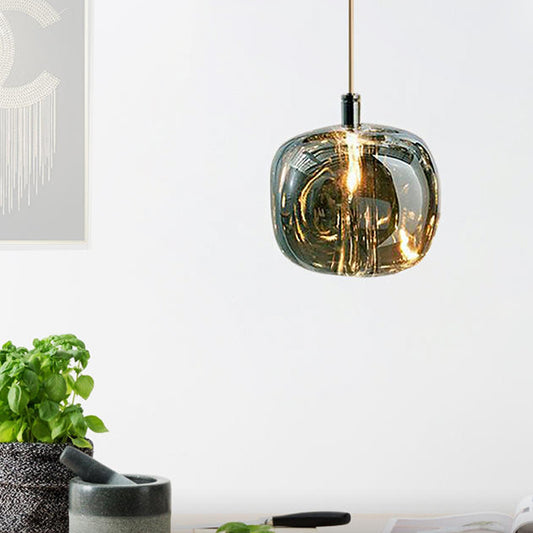 Pumpkin Shaped Hanging Light Kit Modern Clear/Amber/Smoke Grey Glass 1 Head Bedside Ceiling Suspension Lamp in Brass Clearhalo 'Ceiling Lights' 'Glass shade' 'Glass' 'Modern Pendants' 'Modern' 'Pendant Lights' 'Pendants' Lighting' 1937276
