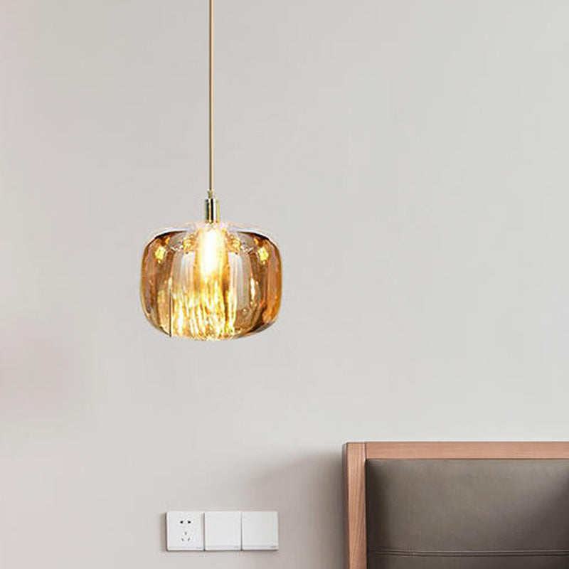 Pumpkin Shaped Hanging Light Kit Modern Clear/Amber/Smoke Grey Glass 1 Head Bedside Ceiling Suspension Lamp in Brass Clearhalo 'Ceiling Lights' 'Glass shade' 'Glass' 'Modern Pendants' 'Modern' 'Pendant Lights' 'Pendants' Lighting' 1937283