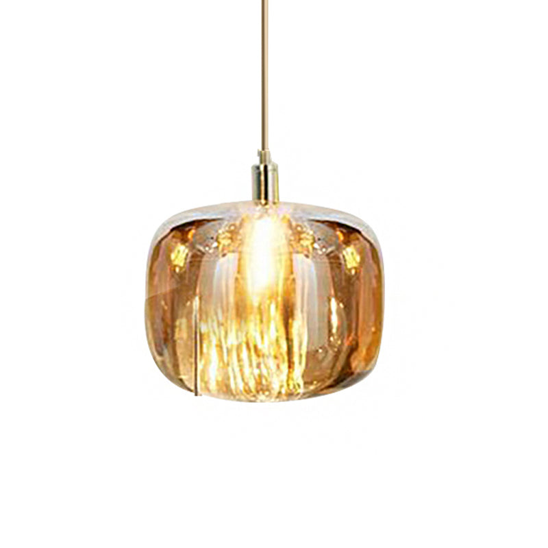 Pumpkin Shaped Hanging Light Kit Modern Clear/Amber/Smoke Grey Glass 1 Head Bedside Ceiling Suspension Lamp in Brass Clearhalo 'Ceiling Lights' 'Glass shade' 'Glass' 'Modern Pendants' 'Modern' 'Pendant Lights' 'Pendants' Lighting' 1937284