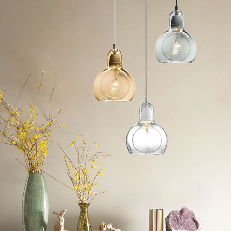Single Kitchen Bar Pendant Lamp Postmodern Chrome Hanging Light Kit with Gourd Clear/Smoke Grey/Amber Glass Shade, 7" W Amber 7" Clearhalo 'Ceiling Lights' 'Glass shade' 'Glass' 'Modern Pendants' 'Modern' 'Pendant Lights' 'Pendants' Lighting' 1937334