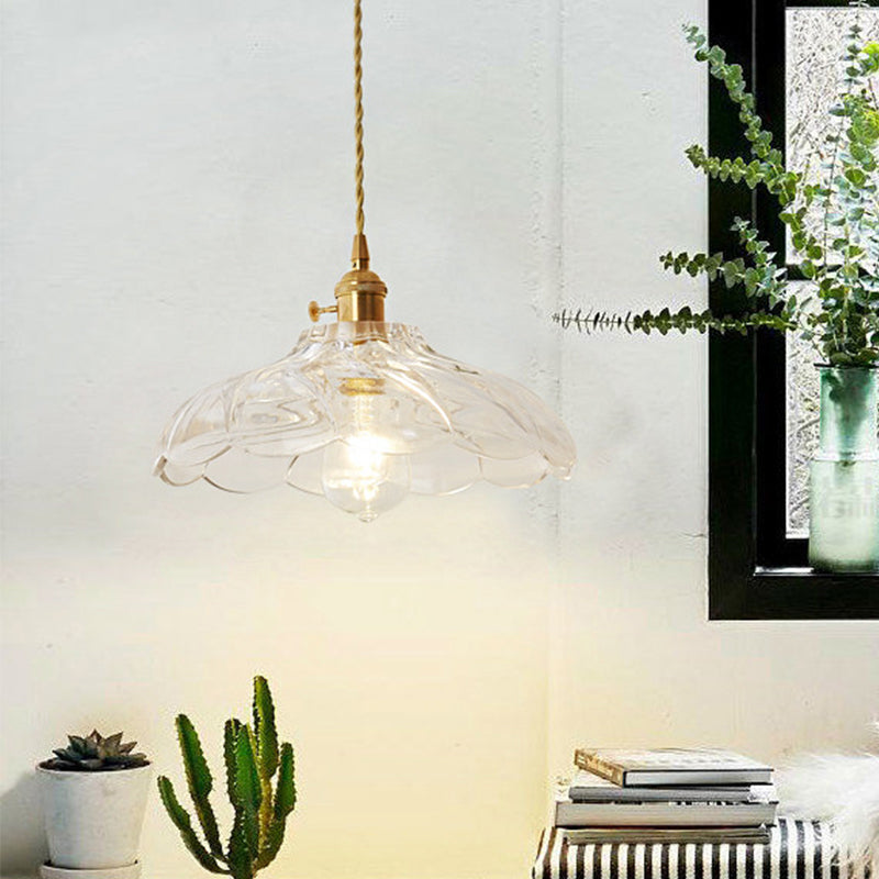Post-Modern 1 Head Drop Pendant Gold Floral/Bowl/Cone Hanging Lamp Kit with Frosted/Clear Glass Shade Gold D Clearhalo 'Ceiling Lights' 'Glass shade' 'Glass' 'Modern Pendants' 'Modern' 'Pendant Lights' 'Pendants' Lighting' 1937363