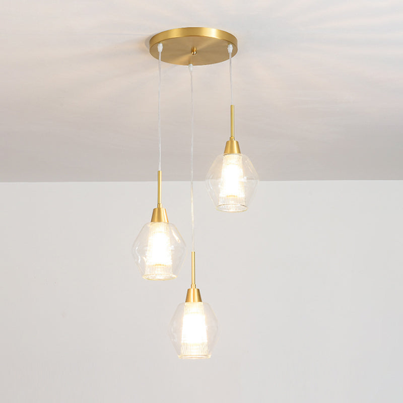 Dual-Shade Diamond Ceiling Hand Lamp Modern Clear Glass 3-Bulb Gold Round/Linear Canopy Cluster Pendant Light Clearhalo 'Ceiling Lights' 'Modern Pendants' 'Modern' 'Pendant Lights' 'Pendants' Lighting' 1937594