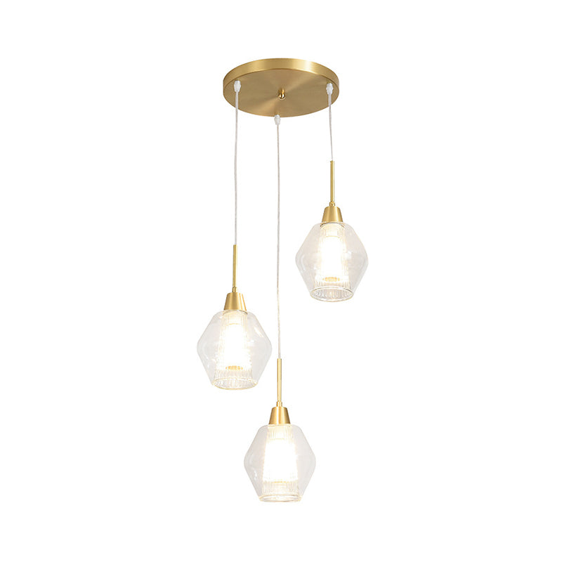 Dual-Shade Diamond Ceiling Hand Lamp Modern Clear Glass 3-Bulb Gold Round/Linear Canopy Cluster Pendant Light Clearhalo 'Ceiling Lights' 'Modern Pendants' 'Modern' 'Pendant Lights' 'Pendants' Lighting' 1937595