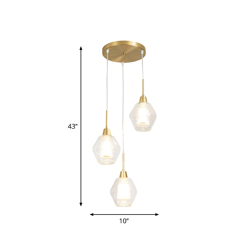 Dual-Shade Diamond Ceiling Hand Lamp Modern Clear Glass 3-Bulb Gold Round/Linear Canopy Cluster Pendant Light Clearhalo 'Ceiling Lights' 'Modern Pendants' 'Modern' 'Pendant Lights' 'Pendants' Lighting' 1937596