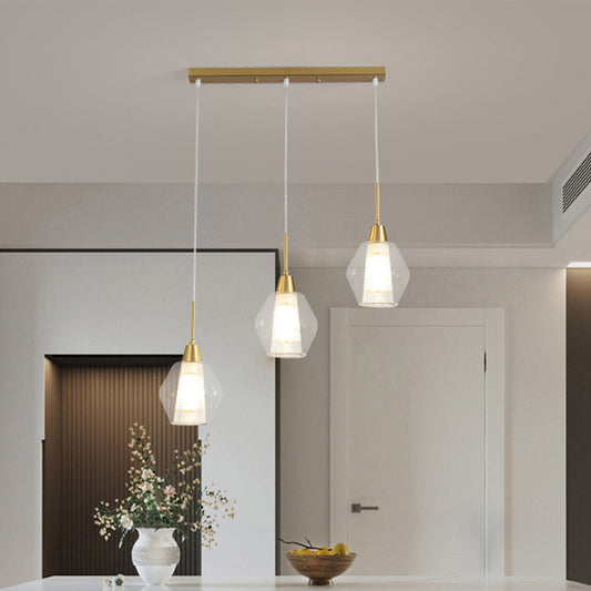Dual-Shade Diamond Ceiling Hand Lamp Modern Clear Glass 3-Bulb Gold Round/Linear Canopy Cluster Pendant Light Gold Linear Clearhalo 'Ceiling Lights' 'Modern Pendants' 'Modern' 'Pendant Lights' 'Pendants' Lighting' 1937597