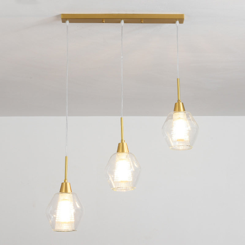 Dual-Shade Diamond Ceiling Hand Lamp Modern Clear Glass 3-Bulb Gold Round/Linear Canopy Cluster Pendant Light Clearhalo 'Ceiling Lights' 'Modern Pendants' 'Modern' 'Pendant Lights' 'Pendants' Lighting' 1937598