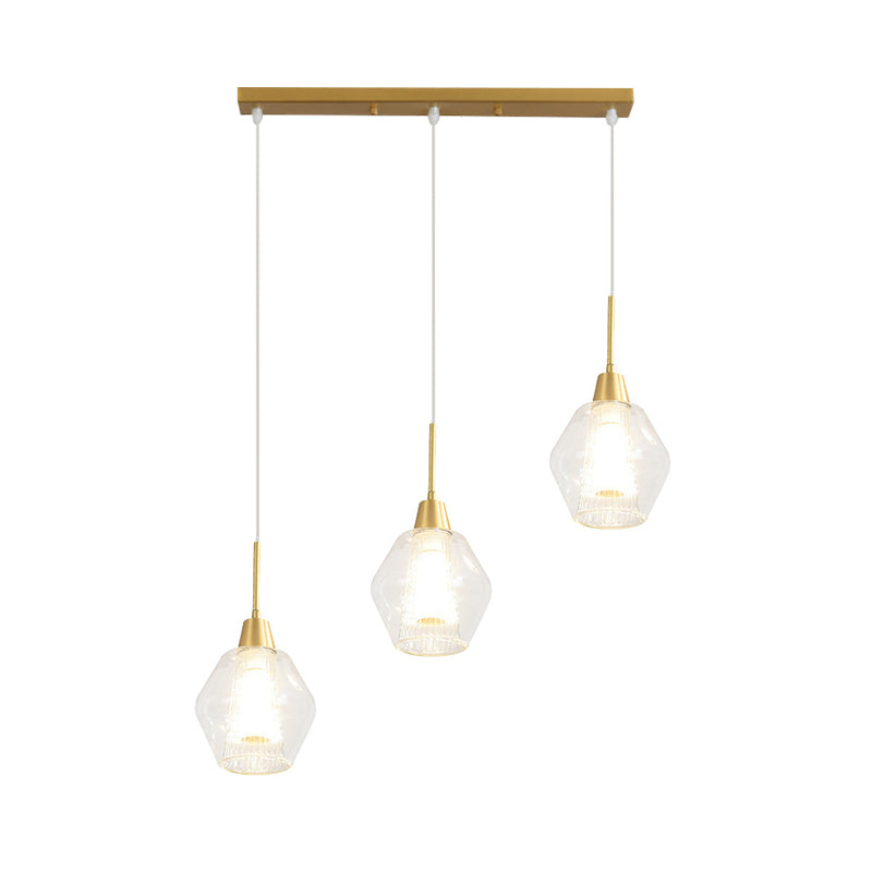 Dual-Shade Diamond Ceiling Hand Lamp Modern Clear Glass 3-Bulb Gold Round/Linear Canopy Cluster Pendant Light Clearhalo 'Ceiling Lights' 'Modern Pendants' 'Modern' 'Pendant Lights' 'Pendants' Lighting' 1937599