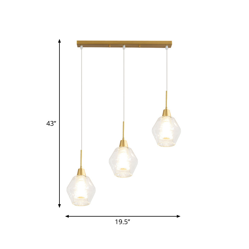 Dual-Shade Diamond Ceiling Hand Lamp Modern Clear Glass 3-Bulb Gold Round/Linear Canopy Cluster Pendant Light Clearhalo 'Ceiling Lights' 'Modern Pendants' 'Modern' 'Pendant Lights' 'Pendants' Lighting' 1937600