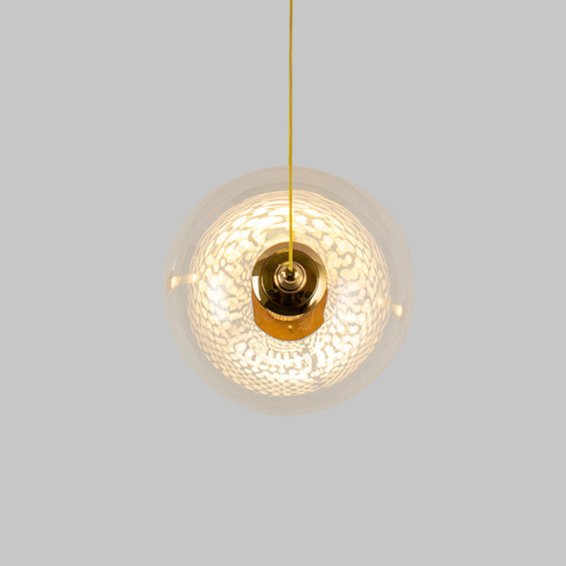 Gold Globe Ceiling Pendant Light Modern 1/3-Head Clear Glass Suspension Lighting with Mesh Tube Inside Clearhalo 'Ceiling Lights' 'Close To Ceiling Lights' 'Glass shade' 'Glass' 'Modern Pendants' 'Modern' 'Pendant Lights' 'Pendants' Lighting' 1937629