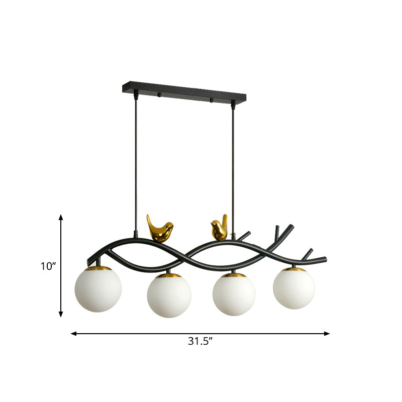 Linear/Branch Dining Room Island Lamp Cream Ball Glass 4 Heads Contemporary Hanging Pendant with Bird Deco in Black-Gold Clearhalo 'Ceiling Lights' 'Glass shade' 'Glass' 'Island Lights' Lighting' 1937635