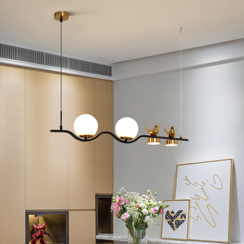 Linear/Branch Dining Room Island Lamp Cream Ball Glass 4 Heads Contemporary Hanging Pendant with Bird Deco in Black-Gold Black B Clearhalo 'Ceiling Lights' 'Glass shade' 'Glass' 'Island Lights' Lighting' 1937636