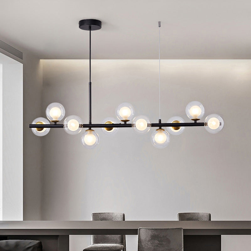 Clear/Amber/Smoke Grey Glass Ball Pendant Postmodern 7/9/11 Lights Black/Gold Hanging Island Light for Kitchen 11 Black Clearhalo 'Ceiling Lights' 'Glass shade' 'Glass' 'Island Lights' Lighting' 1937649