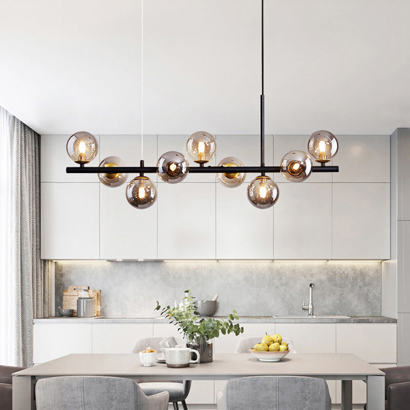 Clear/Amber/Smoke Grey Glass Ball Pendant Postmodern 7/9/11 Lights Black/Gold Hanging Island Light for Kitchen 9 Black Clearhalo 'Ceiling Lights' 'Glass shade' 'Glass' 'Island Lights' Lighting' 1937652