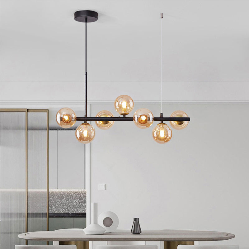 Clear/Amber/Smoke Grey Glass Ball Pendant Postmodern 7/9/11 Lights Black/Gold Hanging Island Light for Kitchen 7 Black Clearhalo 'Ceiling Lights' 'Glass shade' 'Glass' 'Island Lights' Lighting' 1937655