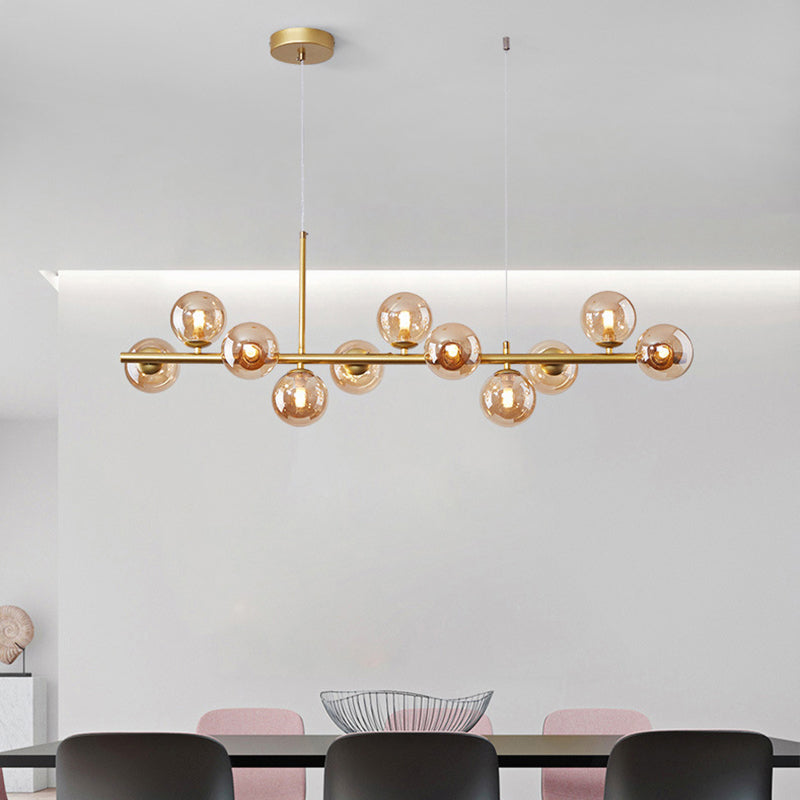 Clear/Amber/Smoke Grey Glass Ball Pendant Postmodern 7/9/11 Lights Black/Gold Hanging Island Light for Kitchen 11 Gold Clearhalo 'Ceiling Lights' 'Glass shade' 'Glass' 'Island Lights' Lighting' 1937661