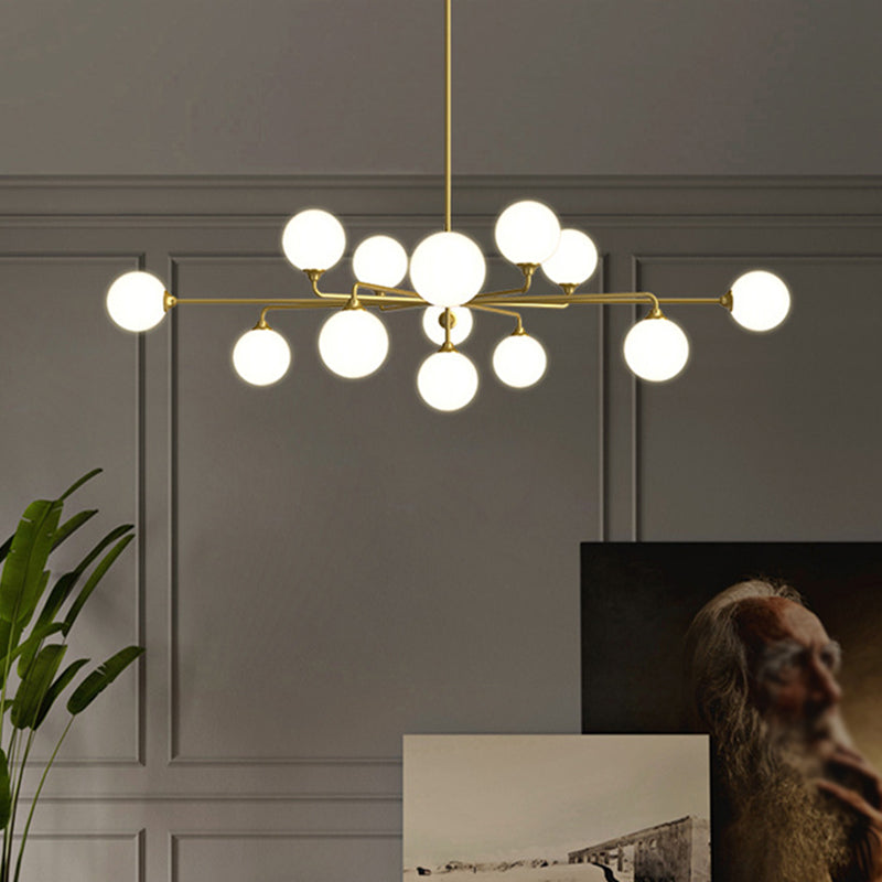 Postmodern Sputnik Island Lighting Metal 6/9/12 Heads Living Room Ceiling Pendant in Gold with Ball White Glass Shade 12 Gold Clearhalo 'Ceiling Lights' 'Glass shade' 'Glass' 'Island Lights' Lighting' 1937671