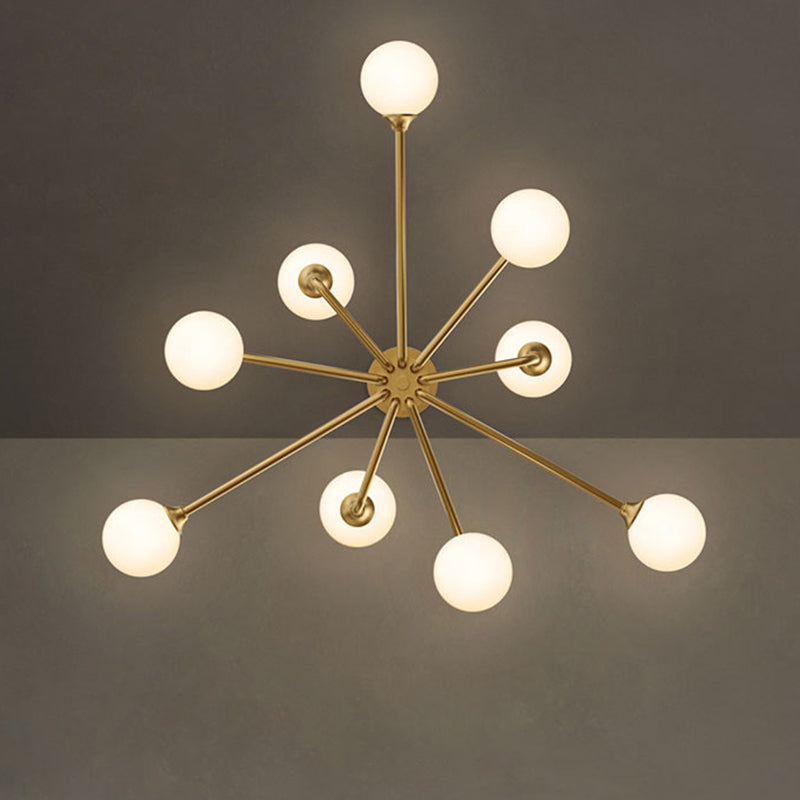 Postmodern Sputnik Island Lighting Metal 6/9/12 Heads Living Room Ceiling Pendant in Gold with Ball White Glass Shade Clearhalo 'Ceiling Lights' 'Glass shade' 'Glass' 'Island Lights' Lighting' 1937678