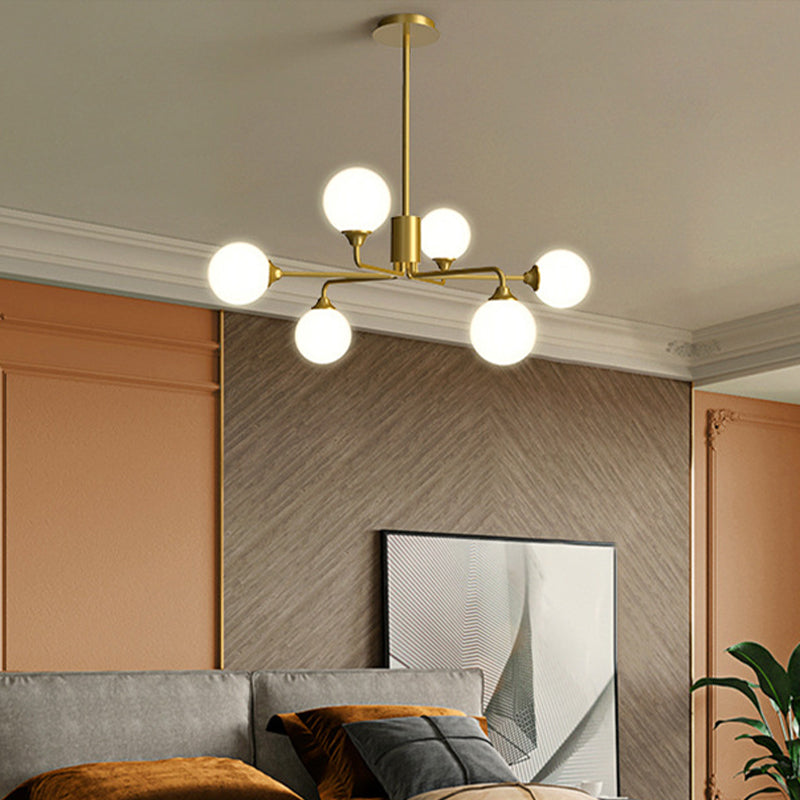 Postmodern Sputnik Island Lighting Metal 6/9/12 Heads Living Room Ceiling Pendant in Gold with Ball White Glass Shade 6 Gold Clearhalo 'Ceiling Lights' 'Glass shade' 'Glass' 'Island Lights' Lighting' 1937681