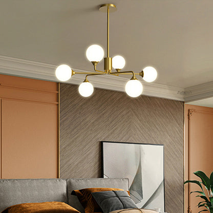 Postmodern Sputnik Island Lighting Metal 6/9/12 Heads Living Room Ceiling Pendant in Gold with Ball White Glass Shade 6 Gold Clearhalo 'Ceiling Lights' 'Glass shade' 'Glass' 'Island Lights' Lighting' 1937681