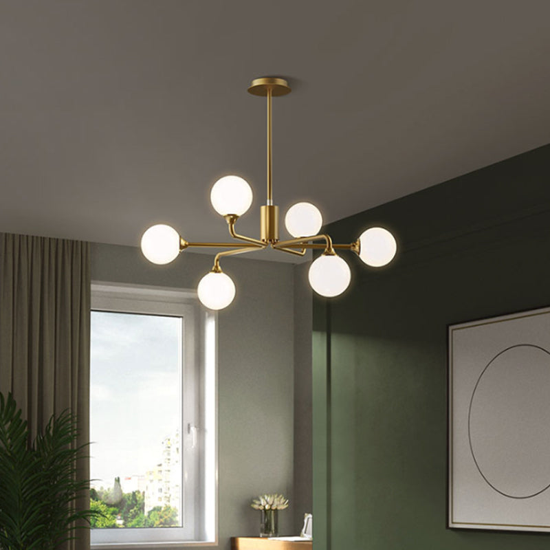 Postmodern Sputnik Island Lighting Metal 6/9/12 Heads Living Room Ceiling Pendant in Gold with Ball White Glass Shade Clearhalo 'Ceiling Lights' 'Glass shade' 'Glass' 'Island Lights' Lighting' 1937682