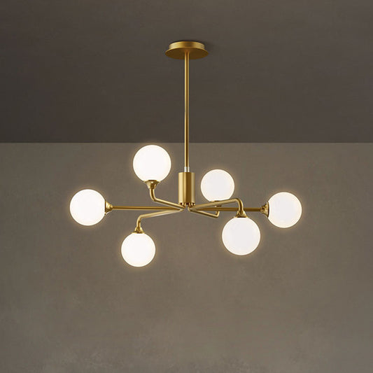 Postmodern Sputnik Island Lighting Metal 6/9/12 Heads Living Room Ceiling Pendant in Gold with Ball White Glass Shade Clearhalo 'Ceiling Lights' 'Glass shade' 'Glass' 'Island Lights' Lighting' 1937683