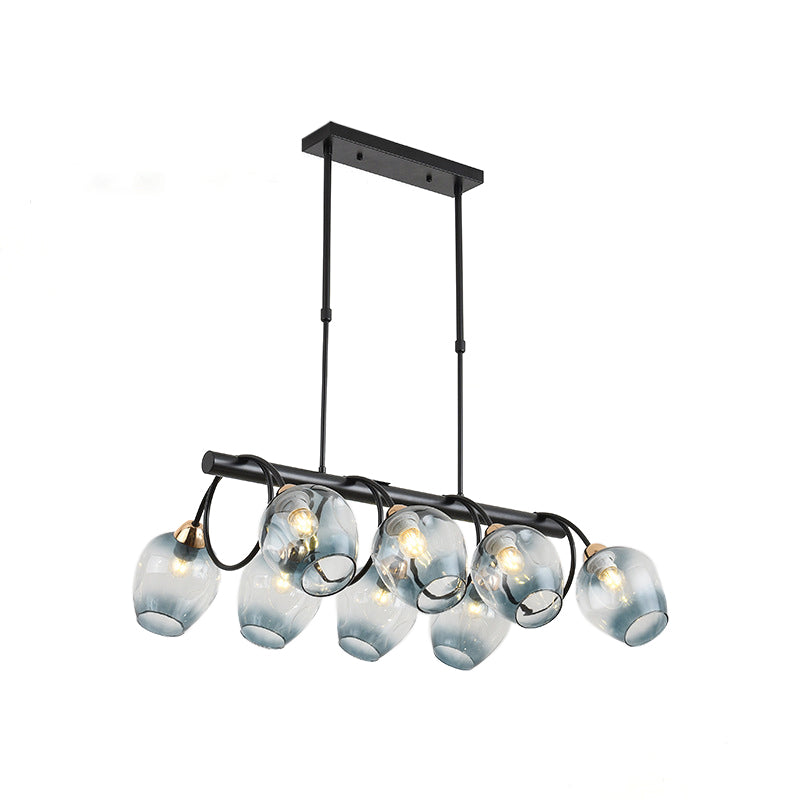 Wine Cup Island Light Modern Dimpled Blue/Green Ombre Glass 6/8/10-Head Black Suspended Lighting Fixture Clearhalo 'Ceiling Lights' 'Glass shade' 'Glass' 'Island Lights' Lighting' 1937715