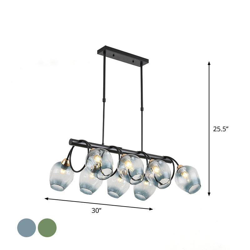 Wine Cup Island Light Modern Dimpled Blue/Green Ombre Glass 6/8/10-Head Black Suspended Lighting Fixture Clearhalo 'Ceiling Lights' 'Glass shade' 'Glass' 'Island Lights' Lighting' 1937716
