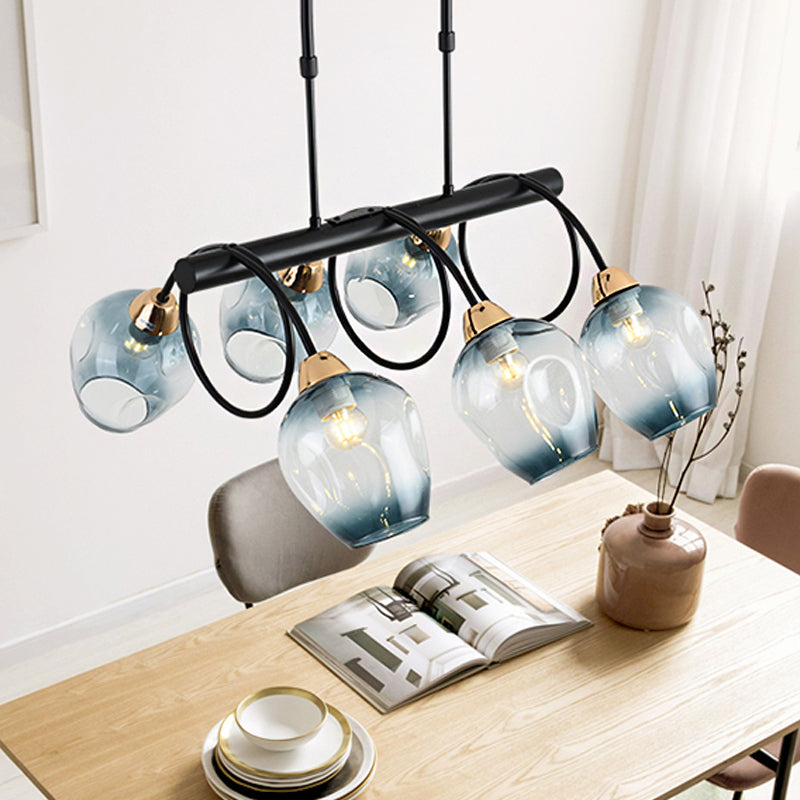 Wine Cup Island Light Modern Dimpled Blue/Green Ombre Glass 6/8/10-Head Black Suspended Lighting Fixture 6 Blue Clearhalo 'Ceiling Lights' 'Glass shade' 'Glass' 'Island Lights' Lighting' 1937717