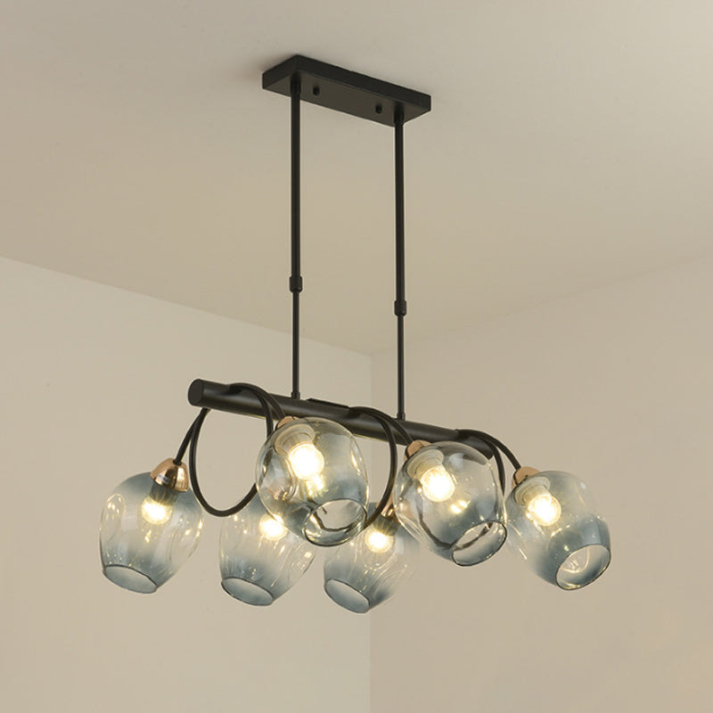 Wine Cup Island Light Modern Dimpled Blue/Green Ombre Glass 6/8/10-Head Black Suspended Lighting Fixture Clearhalo 'Ceiling Lights' 'Glass shade' 'Glass' 'Island Lights' Lighting' 1937718