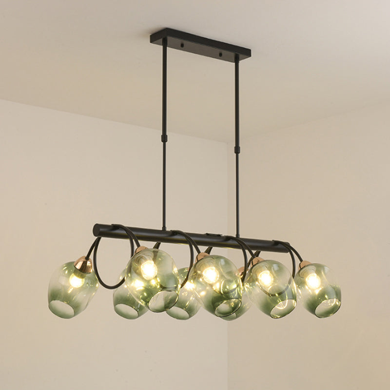 Wine Cup Island Light Modern Dimpled Blue/Green Ombre Glass 6/8/10-Head Black Suspended Lighting Fixture Clearhalo 'Ceiling Lights' 'Glass shade' 'Glass' 'Island Lights' Lighting' 1937722