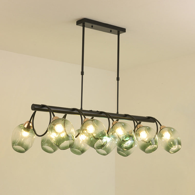 Wine Cup Island Light Modern Dimpled Blue/Green Ombre Glass 6/8/10-Head Black Suspended Lighting Fixture Clearhalo 'Ceiling Lights' 'Glass shade' 'Glass' 'Island Lights' Lighting' 1937725